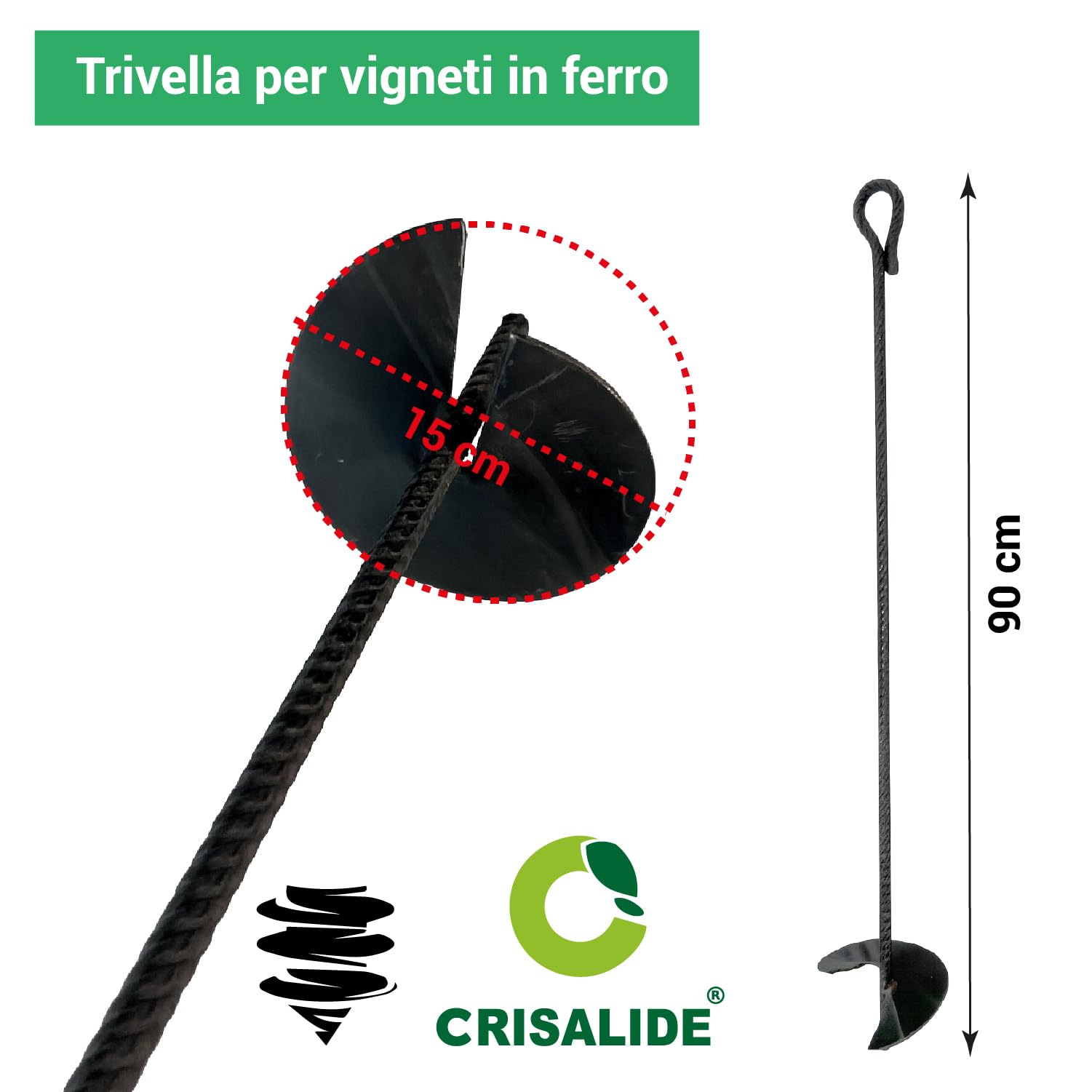 Crisalide® – Trivella in Ferro per Vigneti e Ancoraggi Tirafili | Lunghezza 90 cm | Pala Ø 15 cm | Ideale per Terreni Agricoli, Orti e Giardinaggio