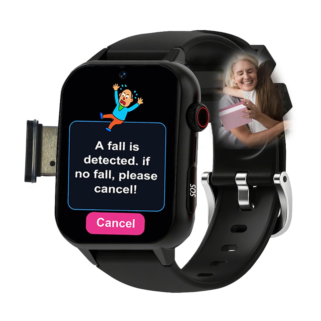 Reloj Localizador Personas Mayores Detección De Caídas, SOS para Personas Mayores Llamadas Caídas Posición GPS Localizador GPS Ancianos Pour AlzheimerBlack,1.96 * 1.57 * 0.47inch