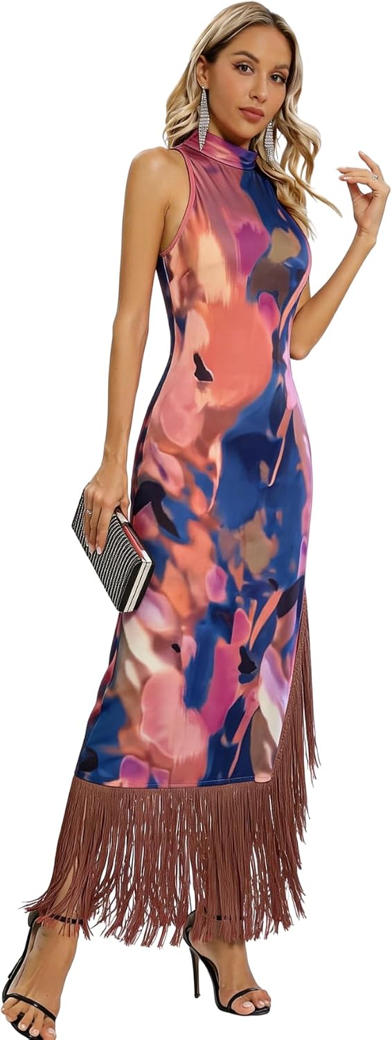 Women Gatsby Vintage Flapper Maxi Dress Halter Tassel Hem Gowns with Slit image 5