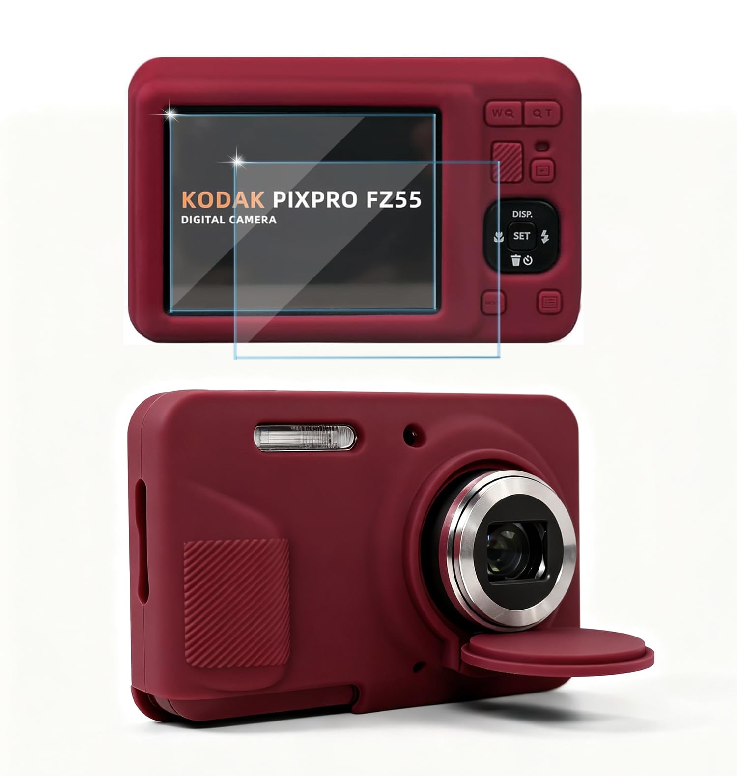 case for kodak pixpro fz55 digital camera accessories, soft silicone protective case, slim fit sleeve with removable lens cover and screen protector, lightweight, anti-scratch (dark red)