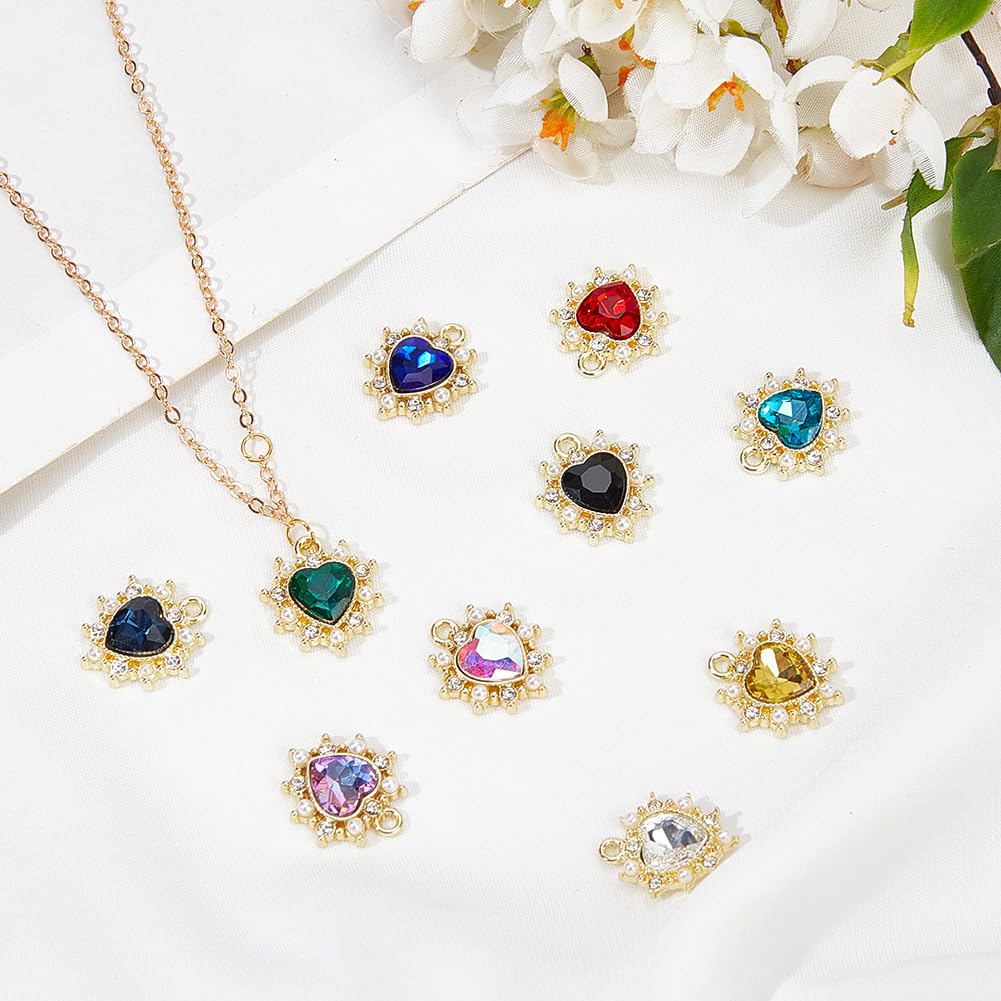 DELORIGIN 20Pcs 10 Color Zirconia Crystal Pendants Heart Rhinestone Charms Golden Alloy Hanging Pendants with Pearl Decoration for Valentine's Day Jewellery Making DIY Necklace Earring Bracelet - Image 3