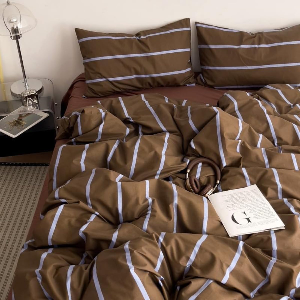 Striped Duvet Cover Set Twin Size Brown Stripes Bedding Set