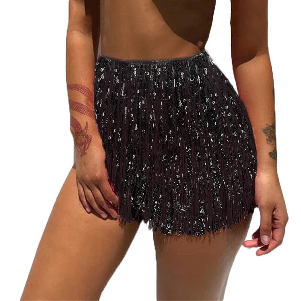 REETAN Sequin Sparkly Skirt Rave Fringe Skirt Disco Party Short Skirt for Women and Girls(Black)
