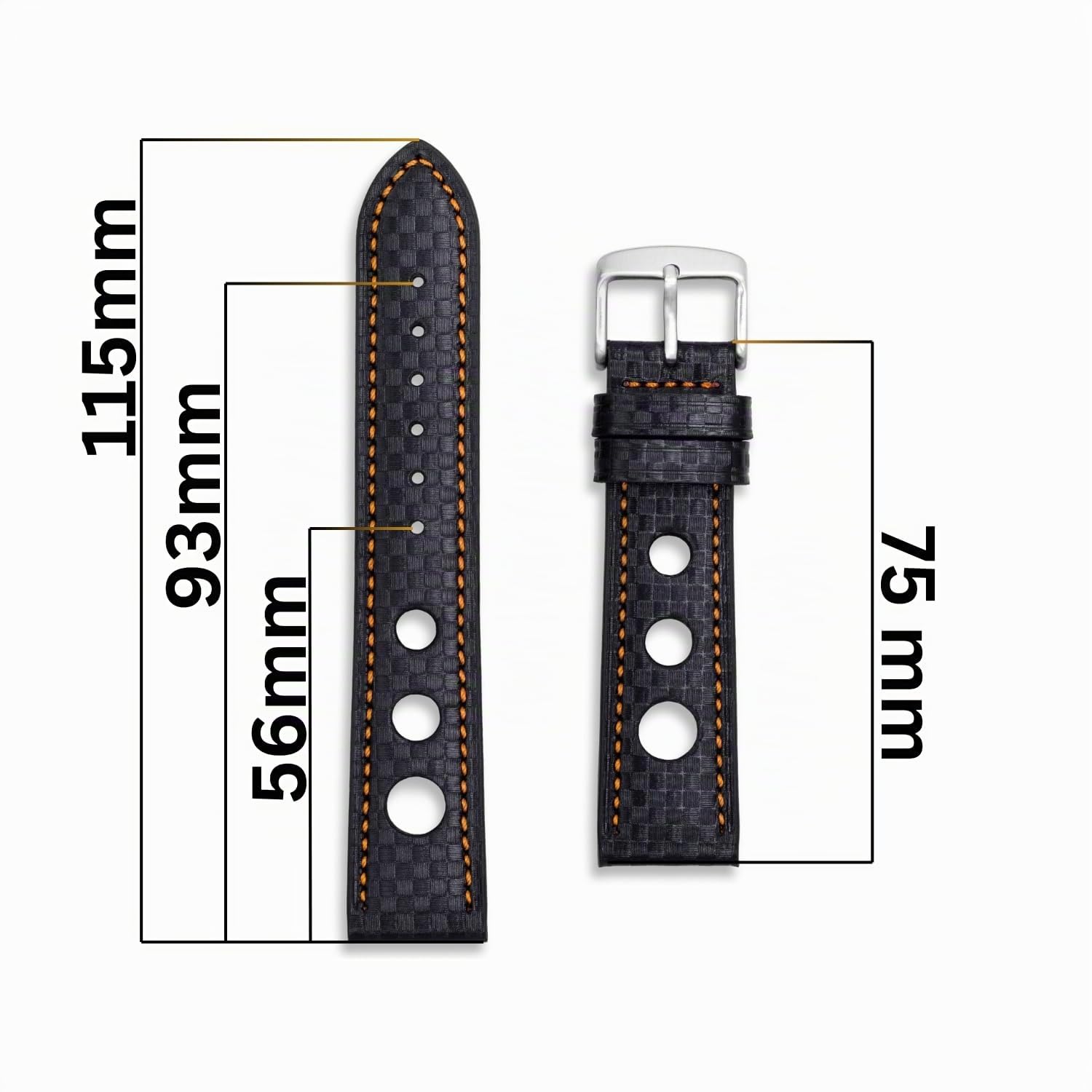 Bracelet de montre de rallye en fibre de carbone perforé de 18 mm, 20 mm, 22 mm, coutures noires, rouges et oranges, outils et barrettes à ressort inclus