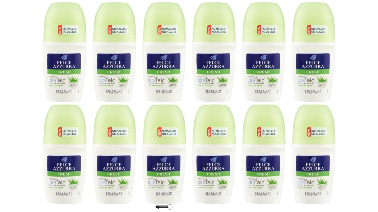 Felce Azzurra Fresh Deo Roll-On mit Aloe Vera, IdraTalc Formel, 48h Wirksamkeit, Keine Flecken, 50 ml, 12er Pack, + Italy shop Kostenloser Schlüsselanhänger