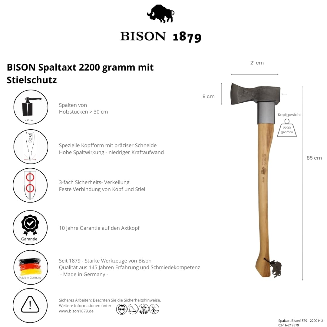 Bison 1879 Siekiera rozłupująca z osłoną trzonka, 2200 g, 800 mm, ręcznie kuta - Made in Germany