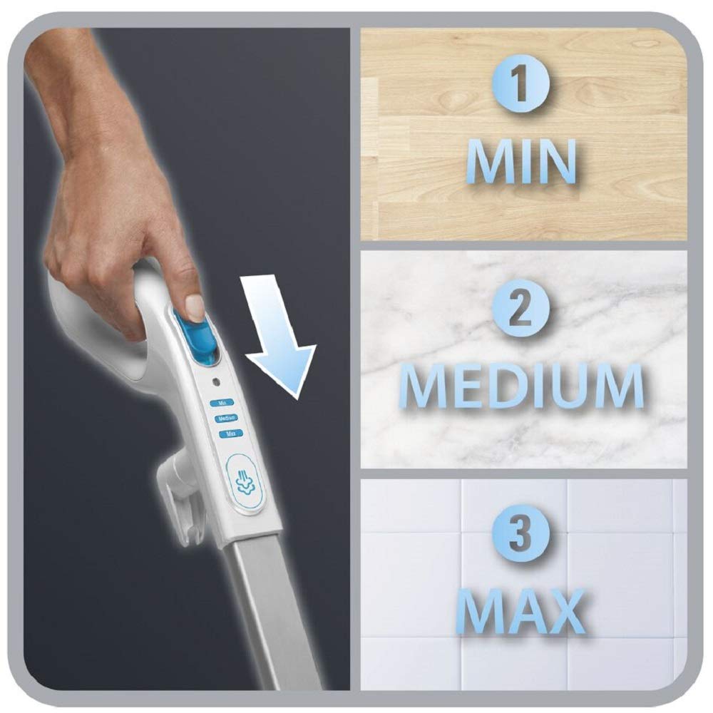 Rowenta Steam Power RY6557WH - Escoba de vapor con mopa para suelos duros, 3 ajustes y cepillo para suciedad incrustada, sistema antical y fácil de almacenar, elimina el 99 % de gérmenes, fácil uso