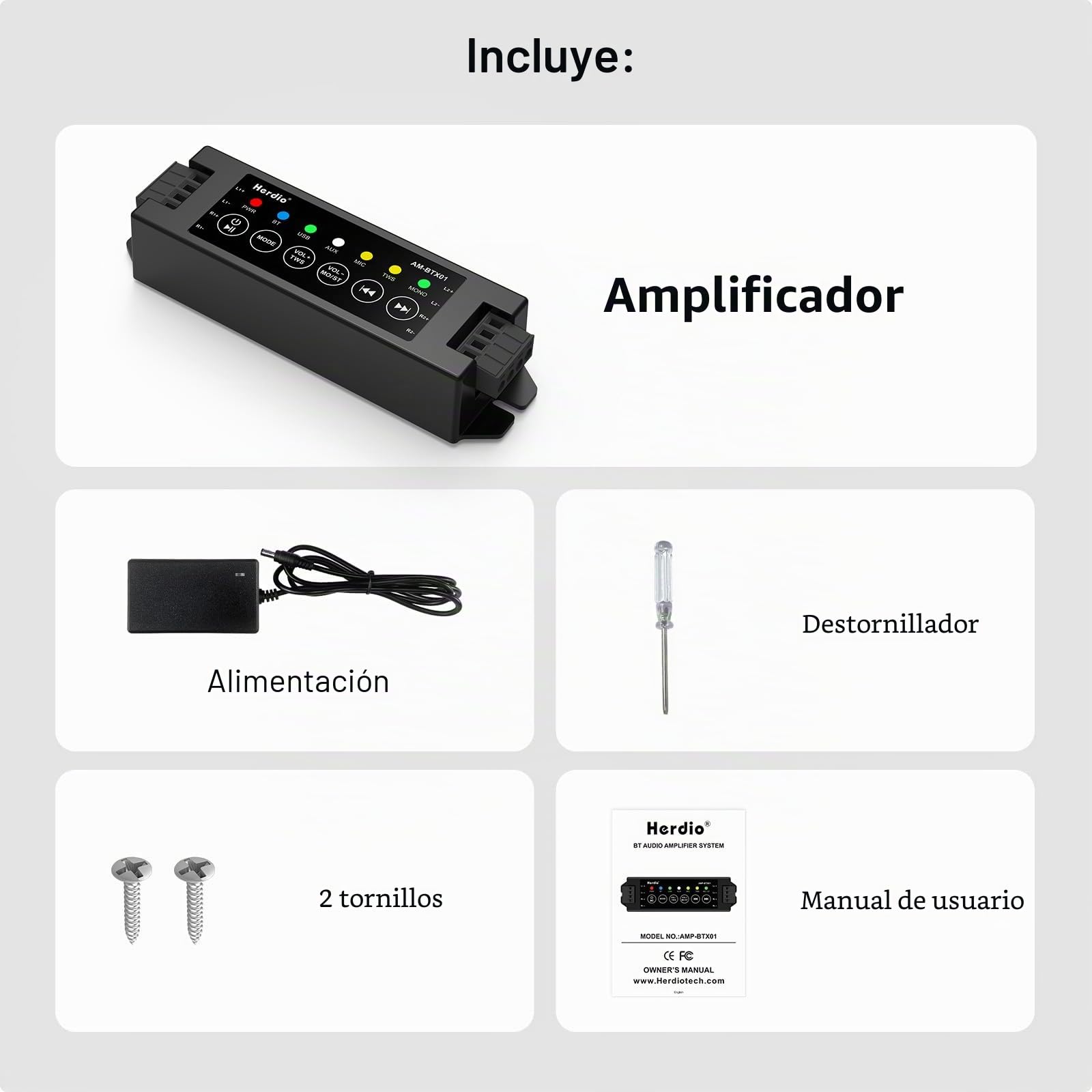 Herdio Amplificador Bluetooth 5.0 de 4 Canales,200W de Potencia con Fuente 24V 5A AC - DC, Instalación en Pared, USB/Mic/AUX/TWS (40W por Canal)