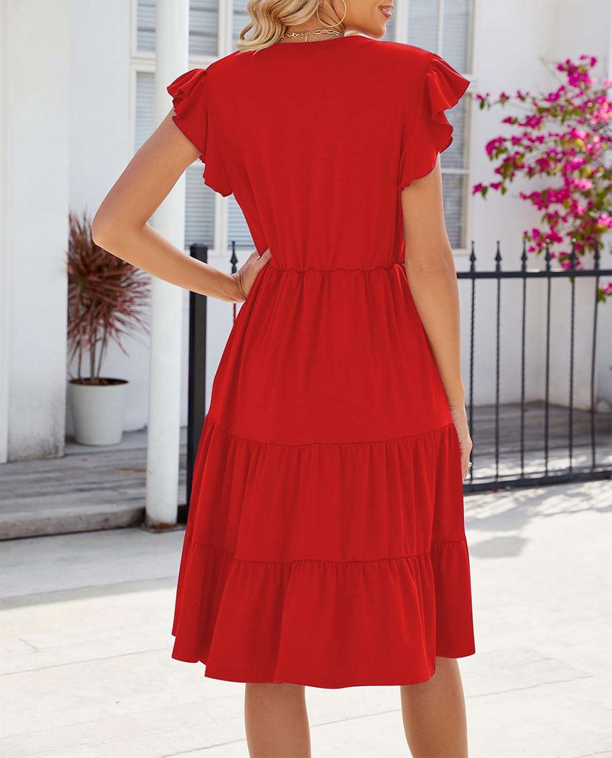 Womens Summer Dress Ruffle Sleeve V Neck Midi Dresses Casual Fit Flowy Tiered Boho Beach Vacation Sundress - Image 4