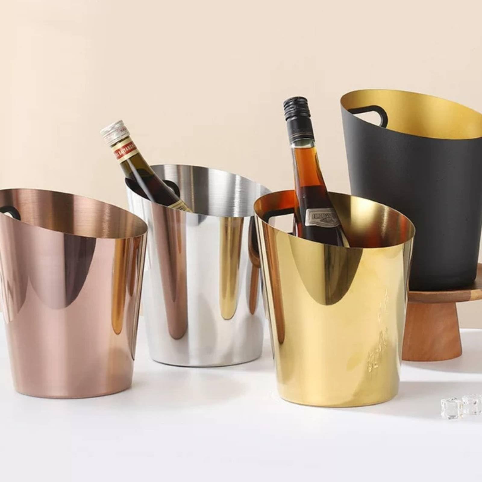 Outdoor Getränkekühler Sektkühler Eiskübel Getränkewanne Eisbehälter aus Rostbeständigem Edelstahl mit Gummiertem Griff Effiziente Kühlung für Bier, Roségold, Groß 5L