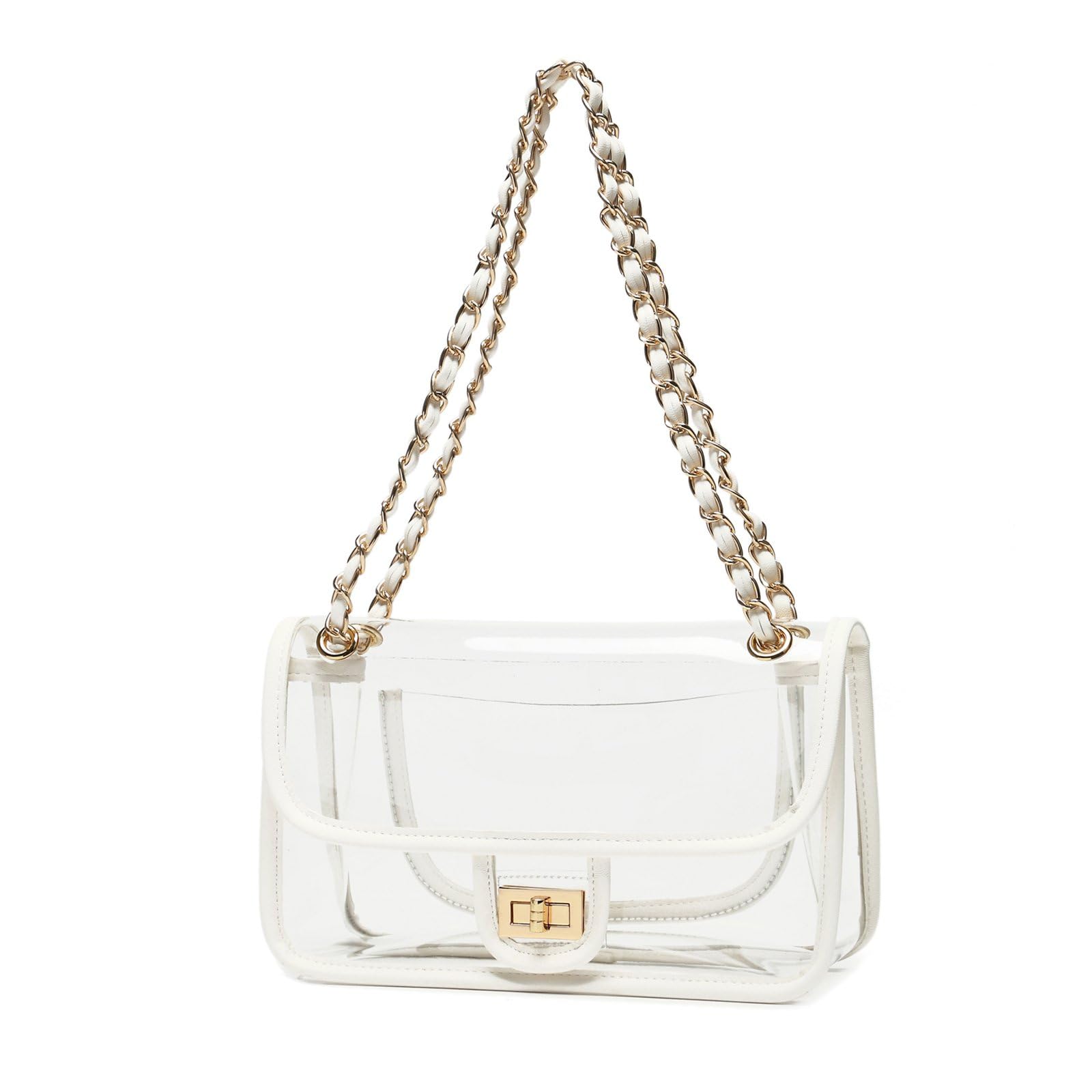 Transparente PVC-Handtasche für Damen, mit Kette, Stadion-zugelassen, durchsichtige Tasche, durchsichtig, Weißer Rand (goldene Kette und Hardware) (große Größe), M