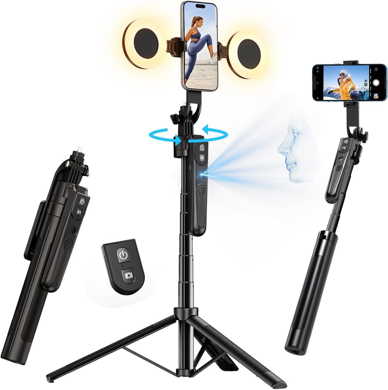yAyusi Automatique Visage Suivi Trépied avec Lumière, sans App, 360° Rotate 180cm Support de Téléphone avec Capteur de Mouvement, Rétractable Support de Caméra pour Vlog/Vidéo/Enregistrement