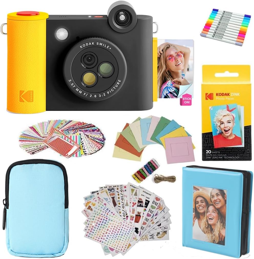 KODAK Smile+ 2-in-1 Digital Instant Print Camera & Photo Printer Gift Bundle + Case + Zink 2x3 Sticky Back Photo Paper 20pk + Album + Sticker Frames + Hanging Frames + Sticker Sets + Markers - Black
