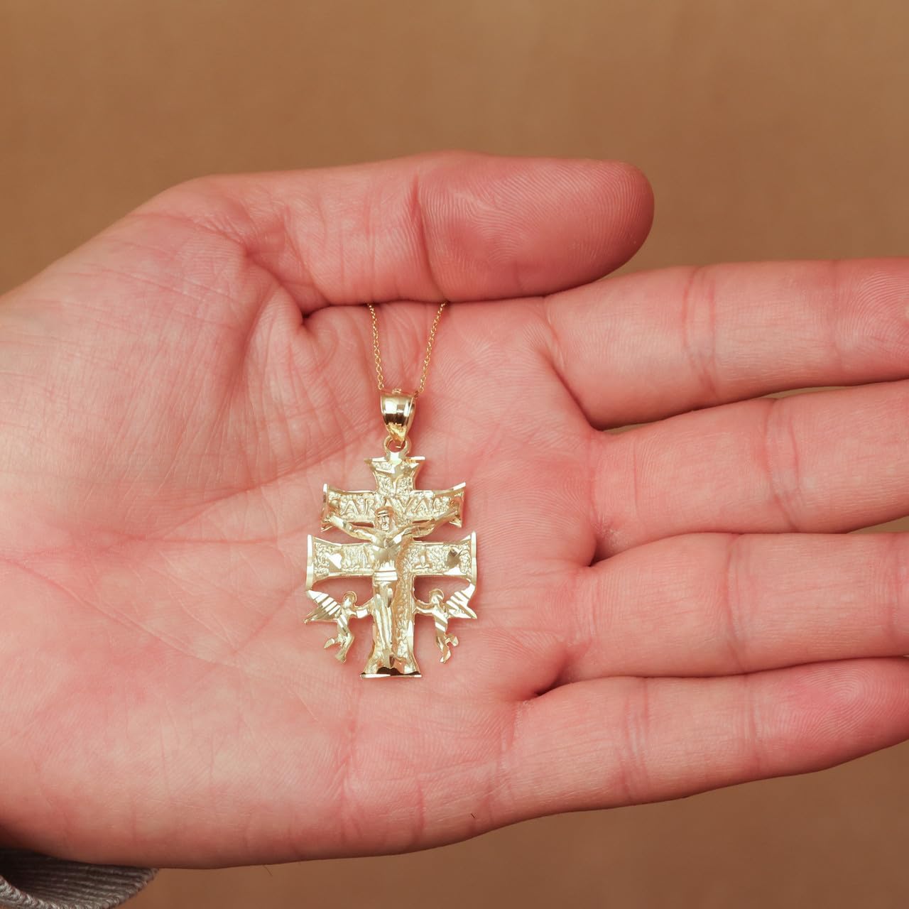Gold Caravaca Double Cross Crucifix Necklace | 10K or 14K Yellow, Rose, or White Gold | Choice of Pendant Only or Chain Length