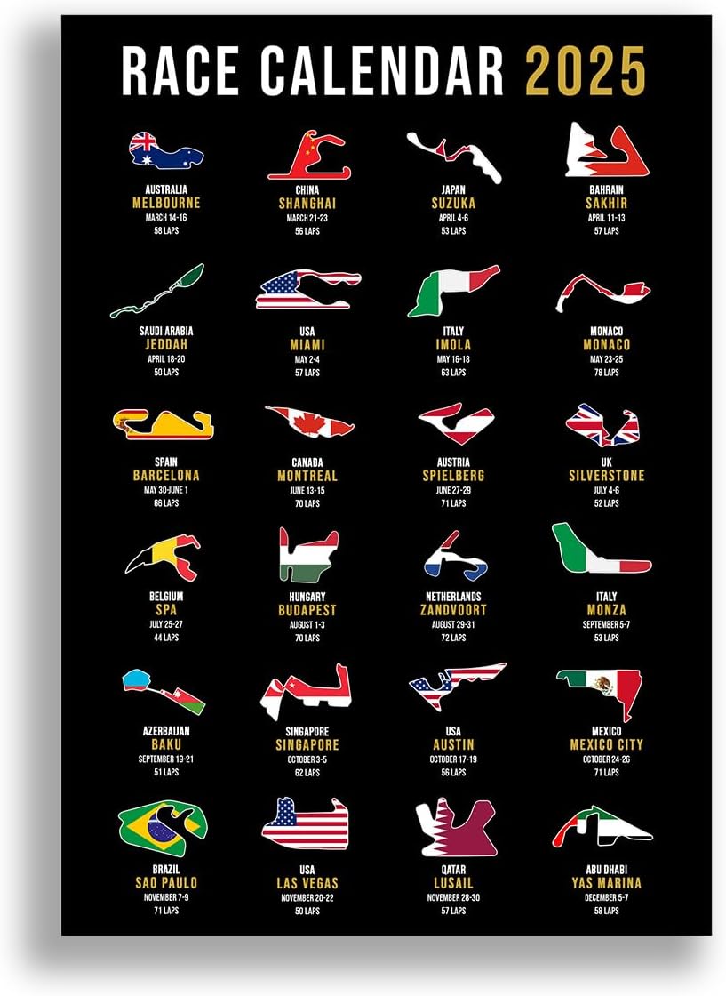 Mounted Gifts Trading Formula One Race Calendar 2025 Season F1 Schedule poster print picture photo autograph Grand Prix tracks circuits gift (A4 Poster Only)