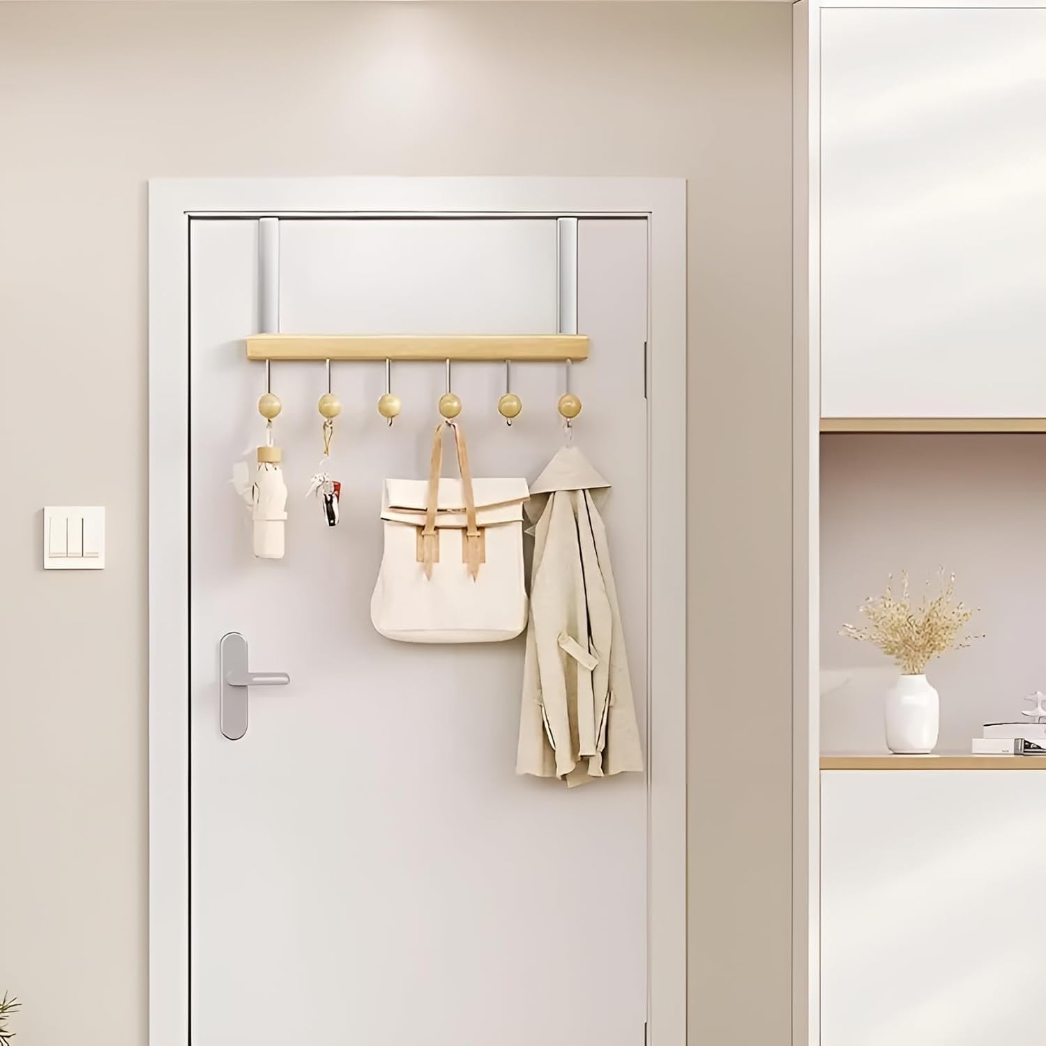KANISYA Wooden Door Mounted Clothes Hanger with 6 Hooks | Over The Door Organizer Rack for Coats, Bags, Towels, Hats, Space-Saving Hanging Storage for Bedroom, Bathroom, – No Drill Installation 3