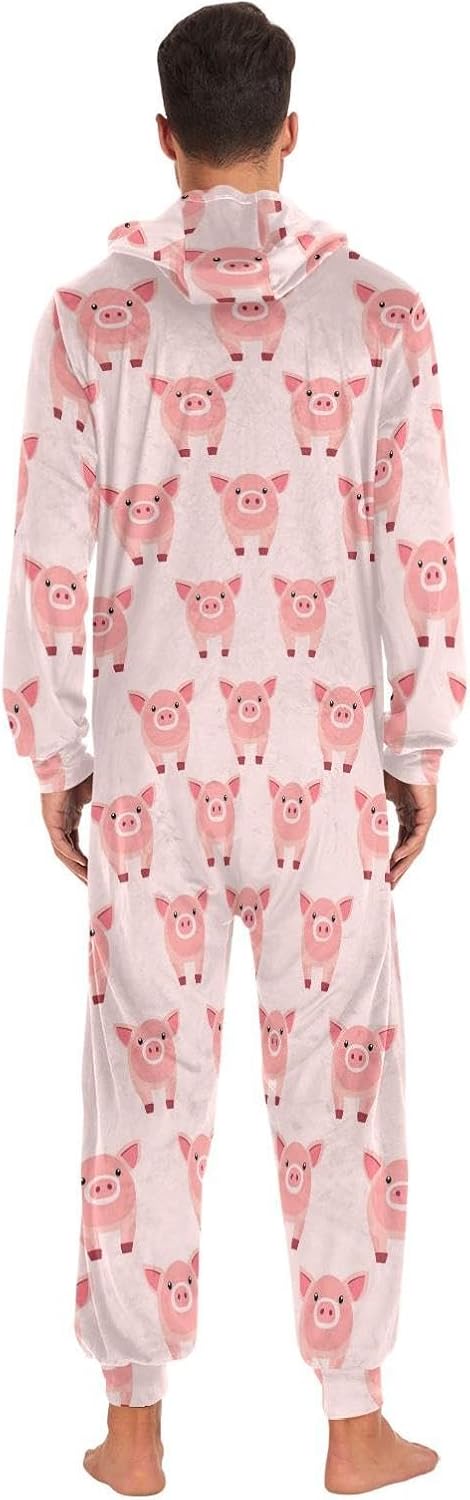 ZZKKO Pink Cartoon Pigs Adult Onesie Pajamas for Women Men Cozy One Piece Pajamas Costume Zip-Up Hooded S-XL