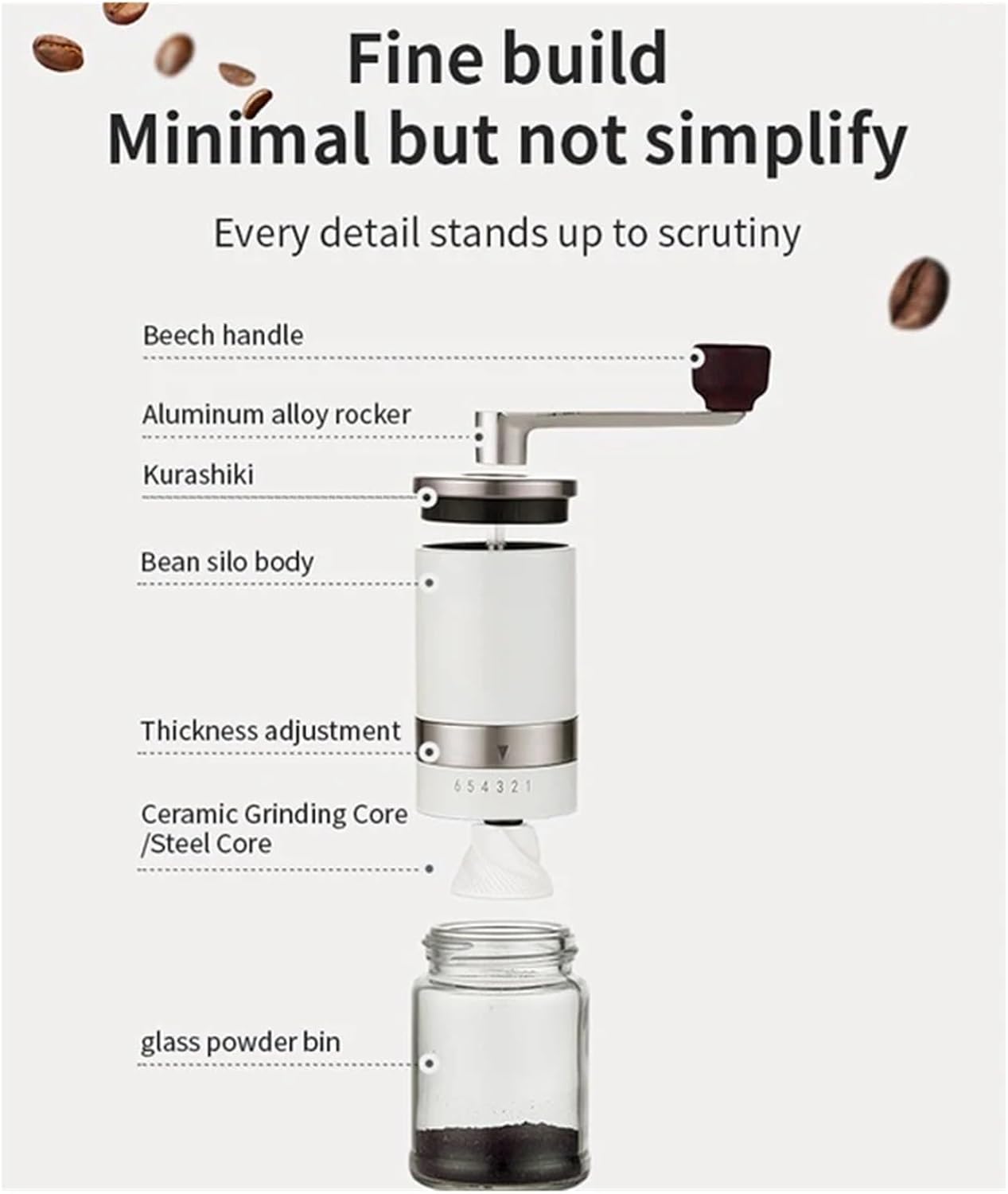 Manual Coffee Bean Grinder Portable Stainless Steel Crank Handle Ceramic Grinding Core 6 Gears Kitchen Tool(White)