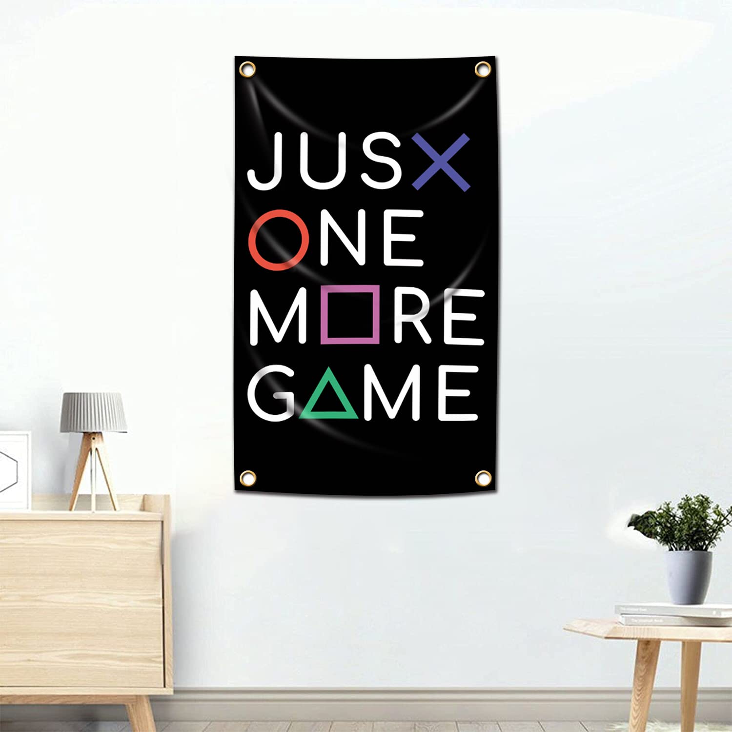 Bradykin Gobelin JUST ONE MORE GAME baner flaga gamingowa gobelin ścienny gry wideo wystrój domu 0,9 x 1,5 m wisząca sztuka pokój w akademiku plakat salon dekoracyjny dla graczy akcesoria