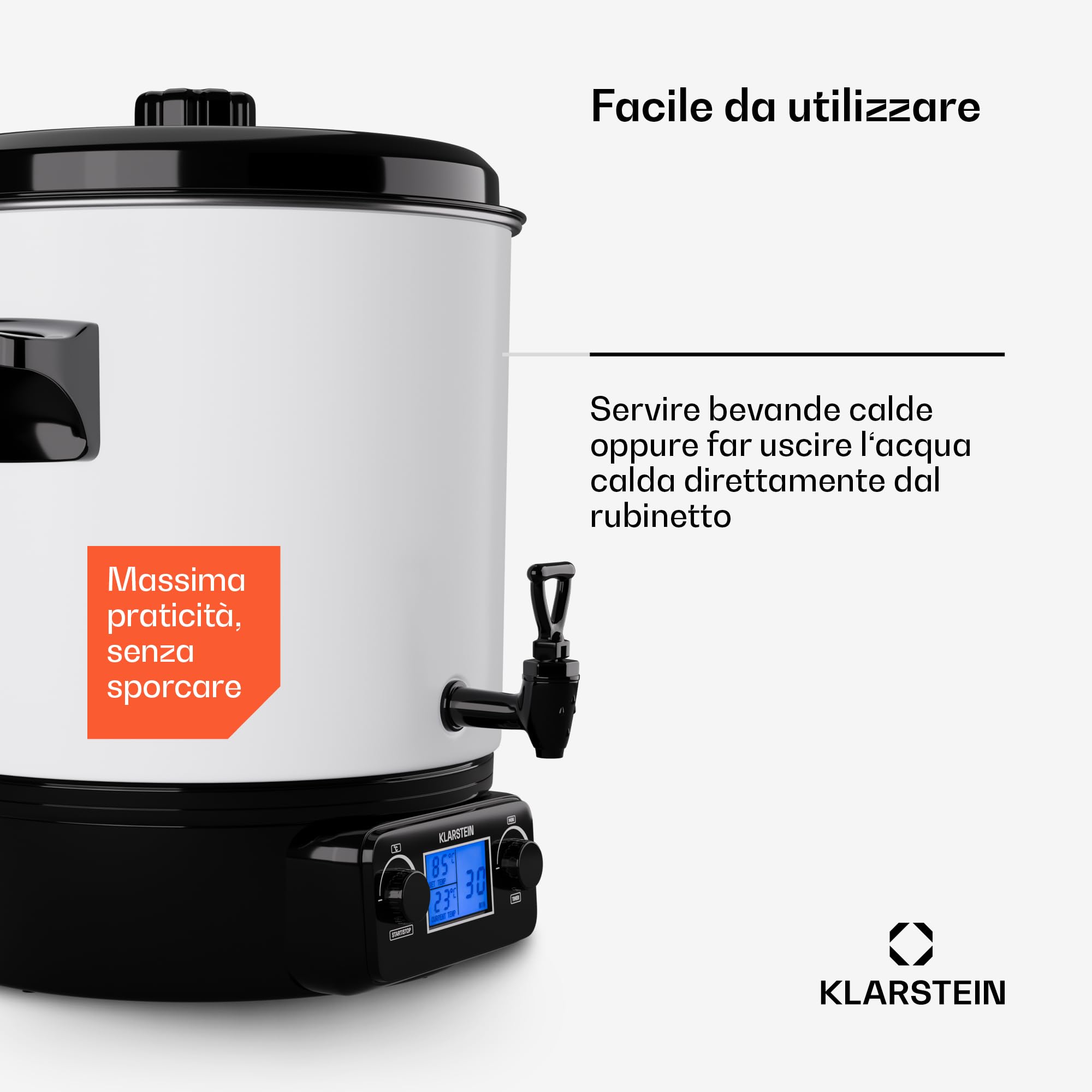 KLARSTEIN Bollitore Vin Brule, Distributore Bevande Calde, Dispenser Termico con Rubinetto 27 Litri, 1800W Acciaio Inossidabile, Thermos Bollitore Acqua Calda e tè, Pentola Bollitore Kit Vin Brulè