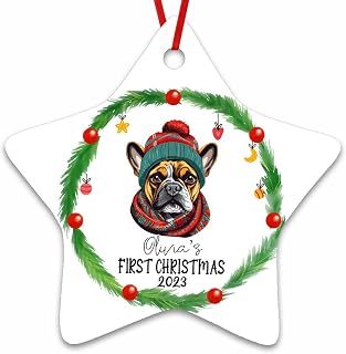 Dinoz My First Christmas Dog French Bulldog Lovers Décor, Baby Xmas Dog Santa Customized Name Star Ornament Keepsake Gifts Both Sides Print for House Decorations