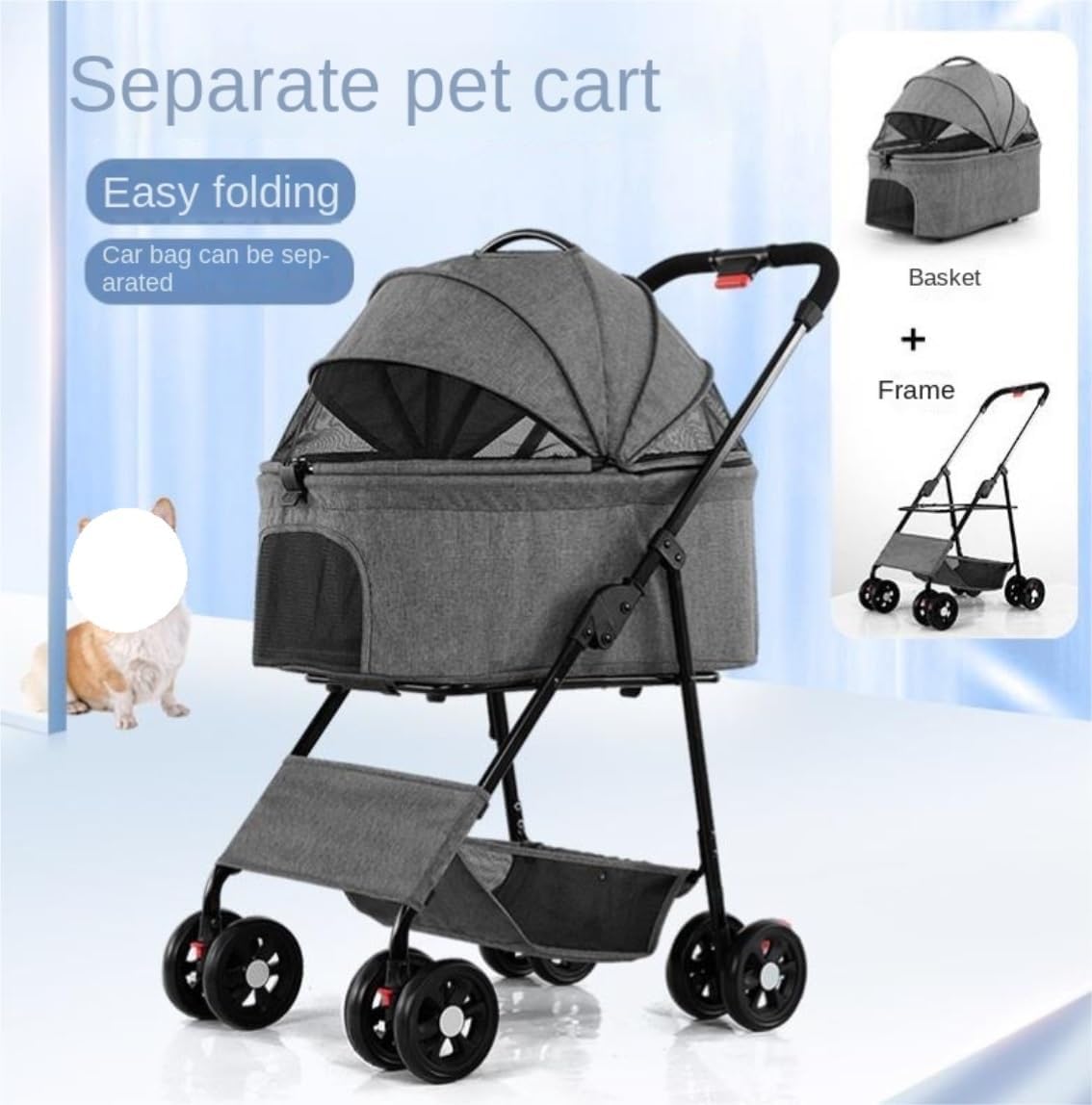 Stroller for Cats Dog Stroller Foldable Dog Cat Stroller with Detachable Carrier Pet Stroller with 3 Window Storage Basket for Small Medium Dogs Cats Pet Carrier Strolling Cart(Blue)