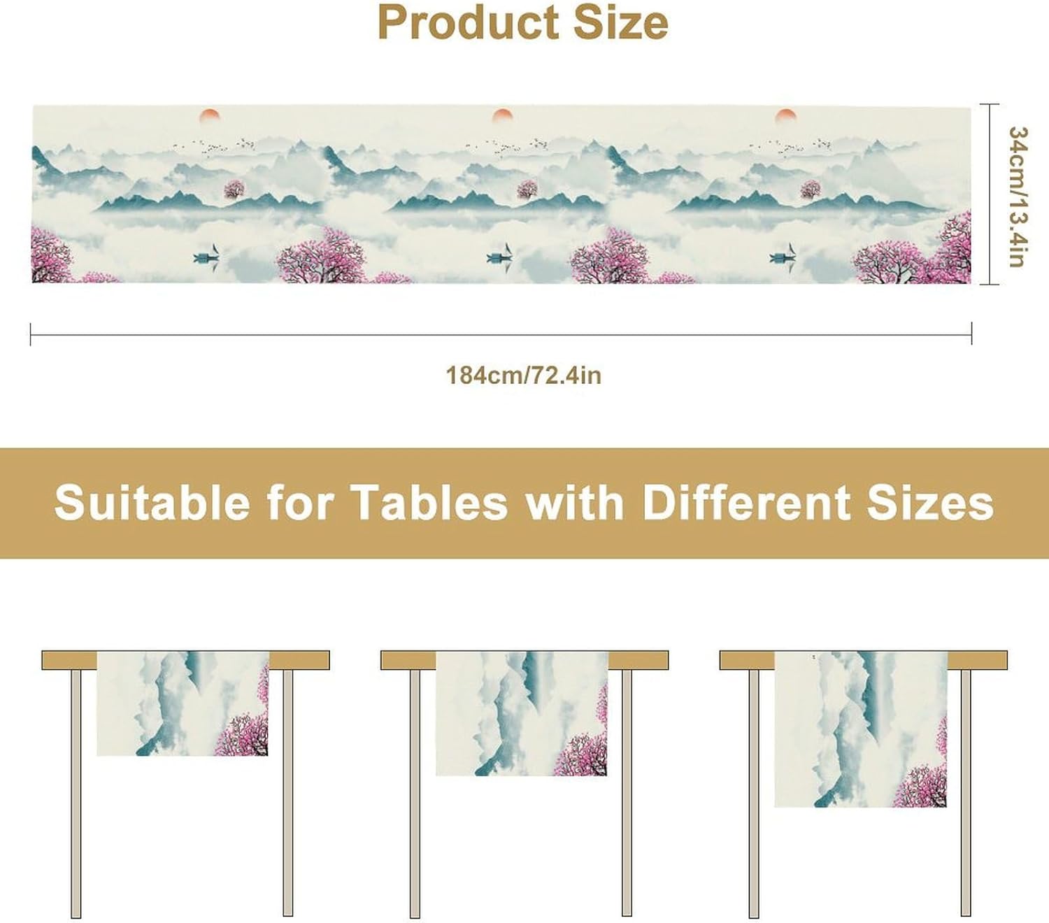 Asian Landscape Table Runner, Cherry Tree Chinoiserie Vintage Ink Wash Pink Blue Setting Sun Table Runner for Kitchen Home Party Dining Table Decor 13x120 Inch
