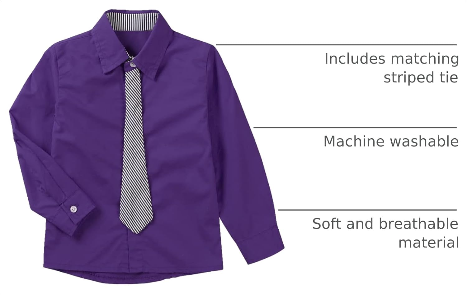 OCHENTA Little Big Boy's Long Sleeve Button Down Dress Shirt with Necktie