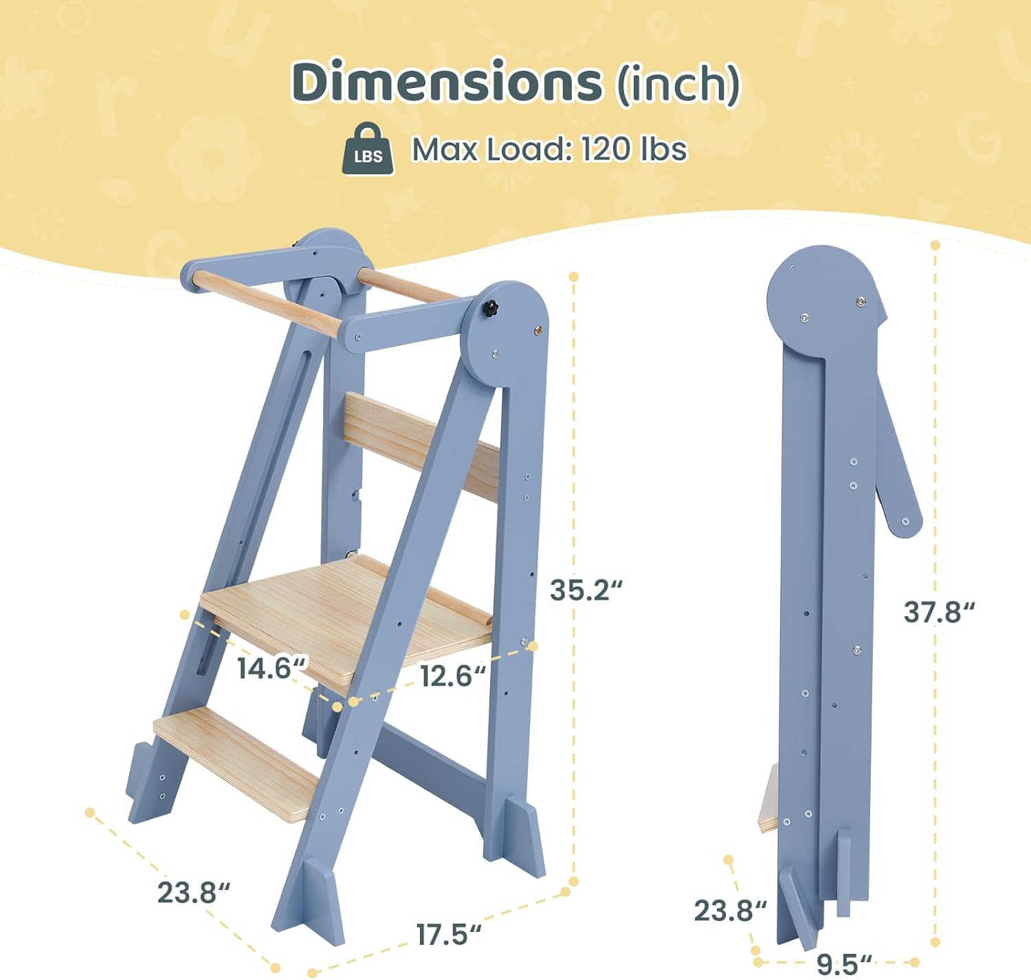 Foldable Toddler Standing Tower, Height Adjustable Kitchen Tower with Safety Rails and Anti-Slip Device, Wooden Kids Kitchen Stool Helper for Ages 18 Months to 6 Years - Blue Grey