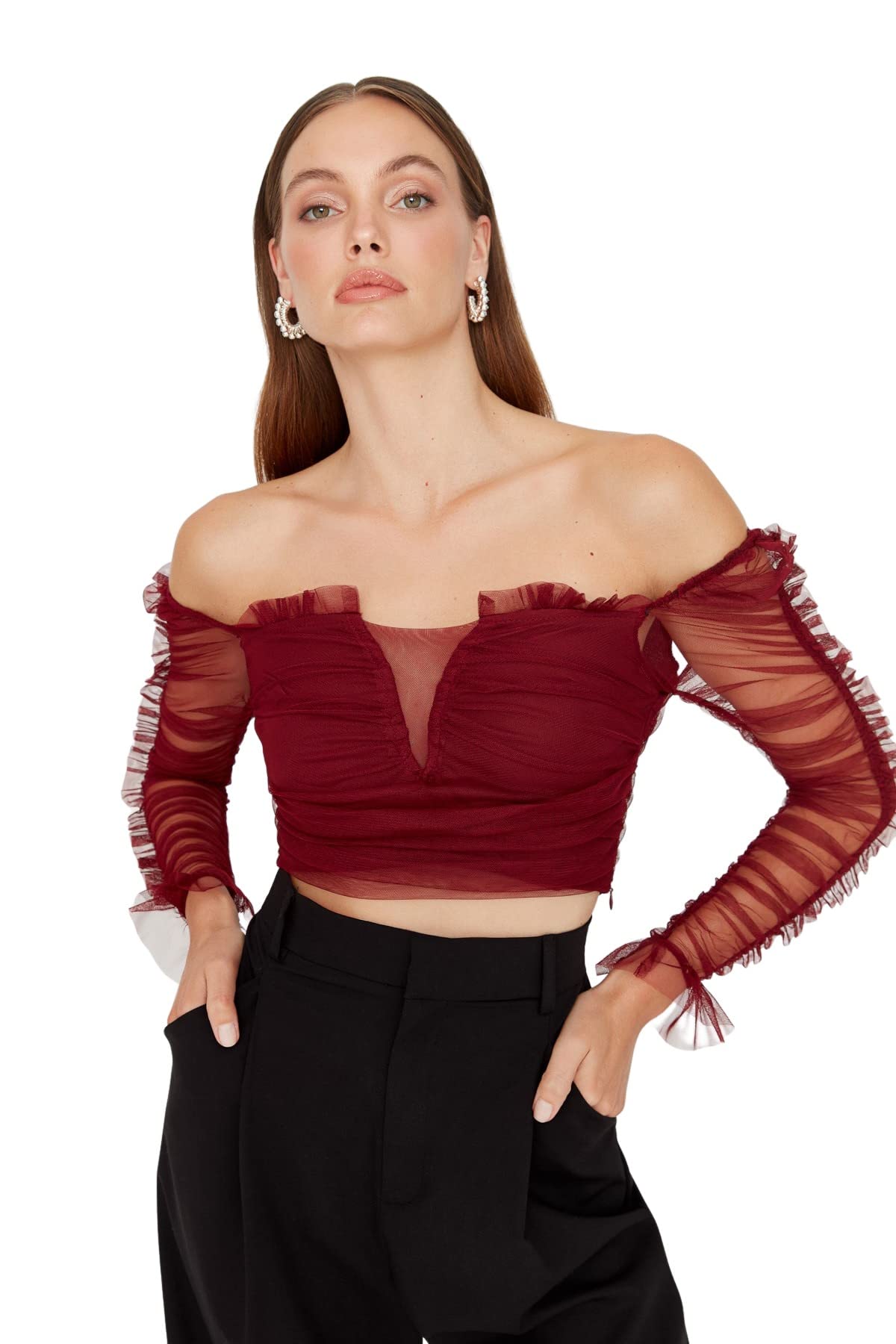Trendyol Damen Woman Slim Off-Shoulder Carmen Collar Woven Blouse Hemd, Burgundy, 42
