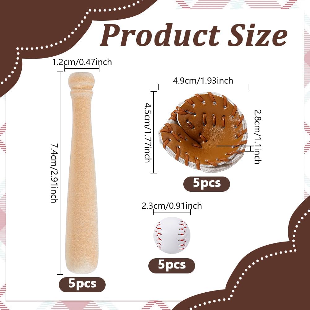 NBEADS 5 Set Miniatures Baseball Bat, Mini Baseball Set with 5 Unfinished Wood Bat 5 PU Leather Ball 5 Pcs Glove Sports Mini Ornaments Accessories for Keychain Topper DIY Crafts Decor image 2