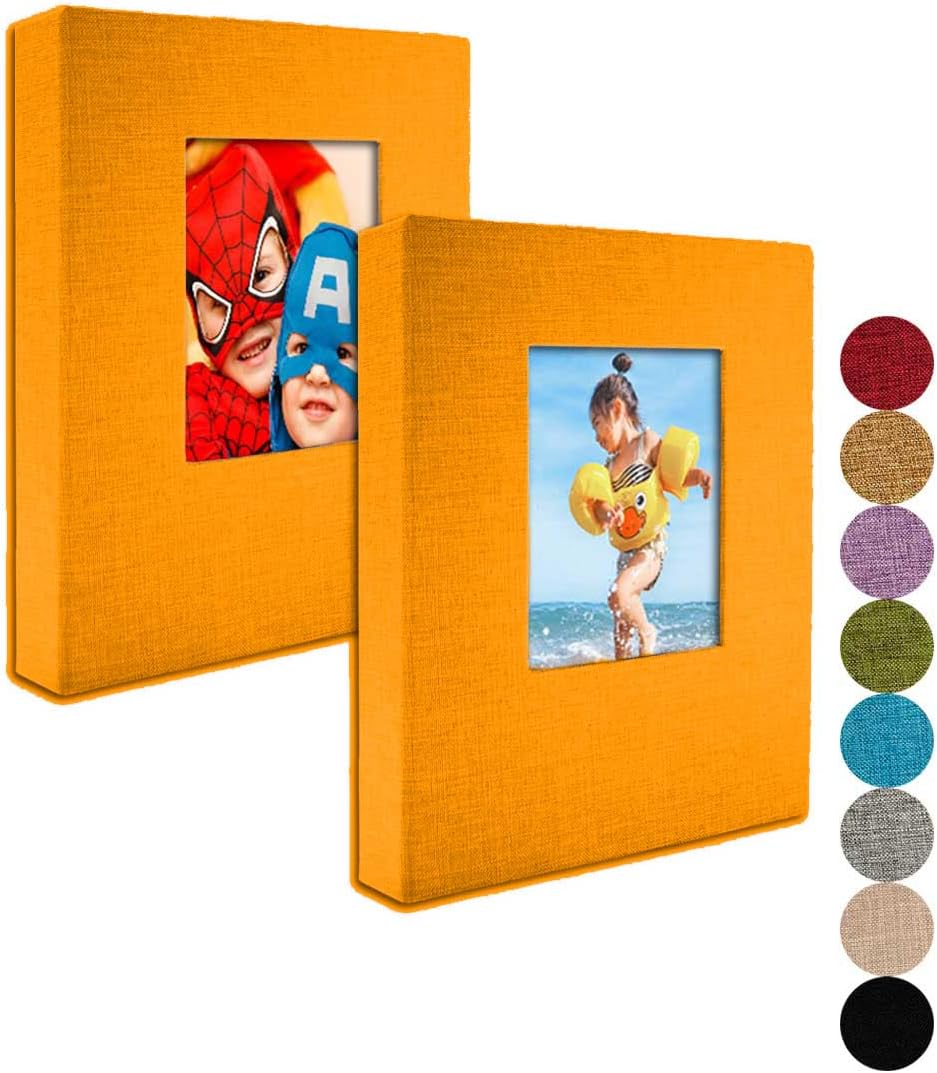 GPIRAL Small Photo Album 5x7 – 2 Pack, Each 26 Clear Pages Hold 52 Pictures. Album for 5x7 Pictures, Artwork, Drawings, Linen Cover with Front Window, Black Fabric