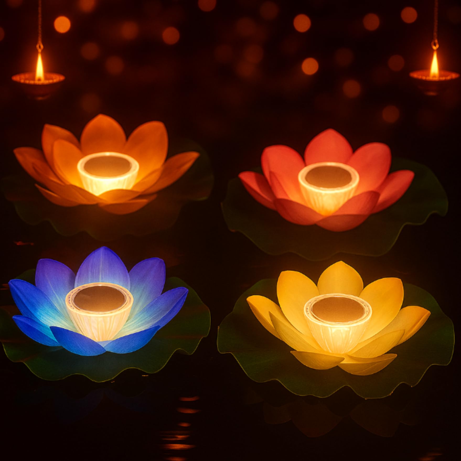 VIHOSE 4 luces solares de 11 pulgadas para estanque, lámpara flotante de flor de loto, luz de lirio, luz flotante para piscina, estanque, decoración de jardín, 4 unidades