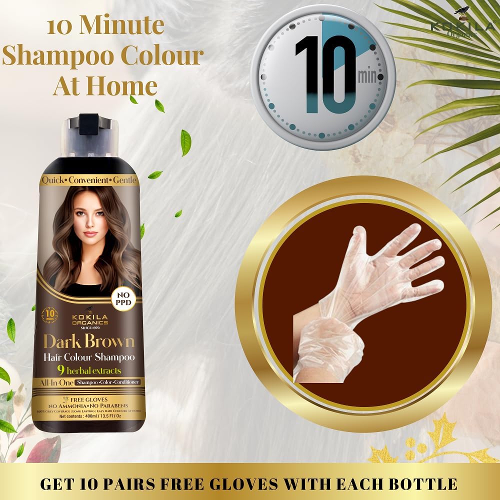 Kokkilaa' Natural Hair Color Shampoo – Dark Brown, 400ml | Botanical Extracts | Ammonia & Paraben Free | Quick 10-Minute Color | Includes 10 Pairs of Gloves | For Men & Women