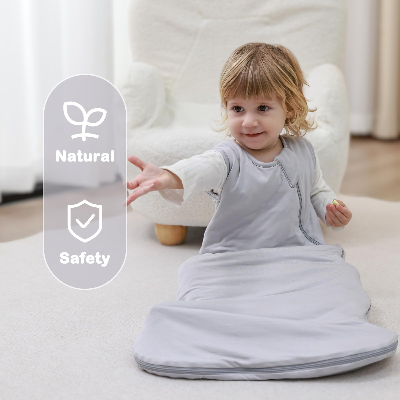 Mosebears Sacco nanna invernale per bambini 2,5 tog,Sacco Nanna Neonato in fibra di bambù, morbidissimo e caldo(0-6 mesi,Light grey)