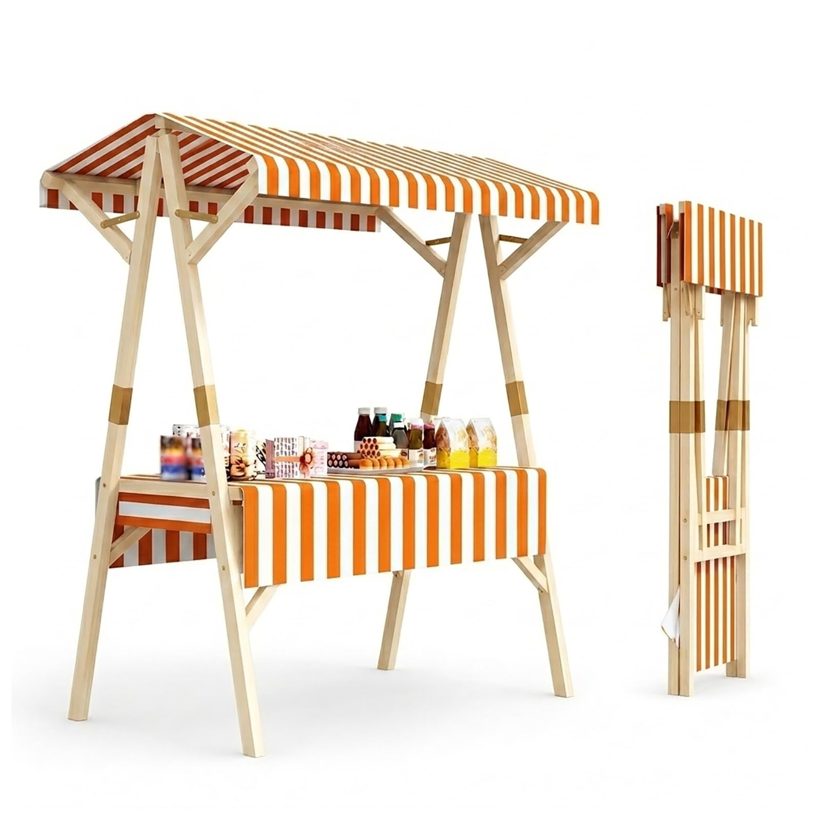 WYHBXD Portable Vendor Stand Food Cart, Folding Market Stall with Canopy & Shelves, Solid Wood Street Booth for Lemonade, Coffee, Ice Cream, Snacks, Pop-up Retail Events & Festivals(Orange,150cm/59)