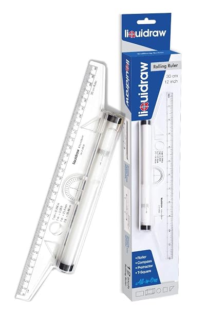 Liquidraw Rolling Ruler 30 cm / 12 inch Protractor | Metric Technical Drawing Tool for Architects, Engineers & Students | Measure Angles, Draw Straight Lines & Circles | Ruler, Compass & T-Square