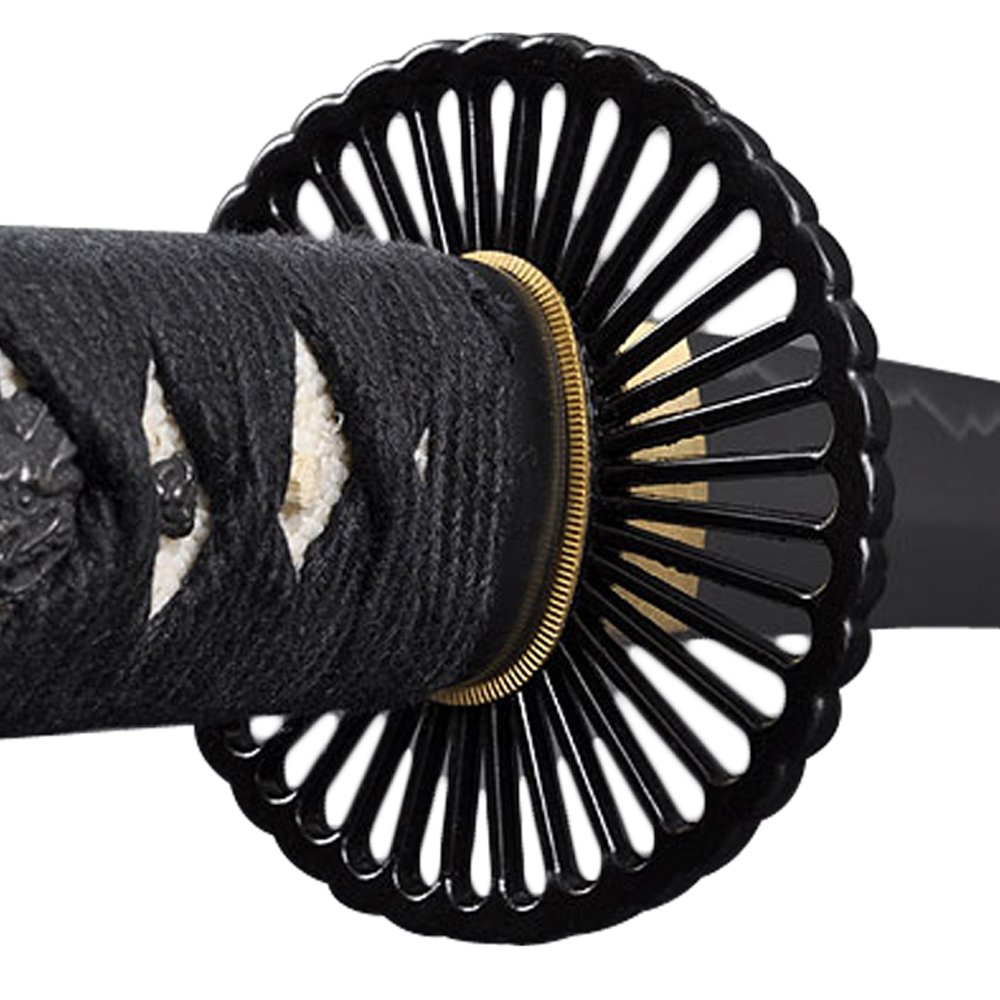 Handmade Sword - Fully Practical Japanese Samurai Wakizashi Sword, 1045 Carbon Steel, Heat Tempered Hand Forged, Full Tang, Sharp, Empire Wheel Tsuba, Black Scabbard
