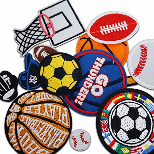 Lot de 12 écussons thermocollants à coudre pour enfant Motif ballon de basketball, tennis, rugby, football