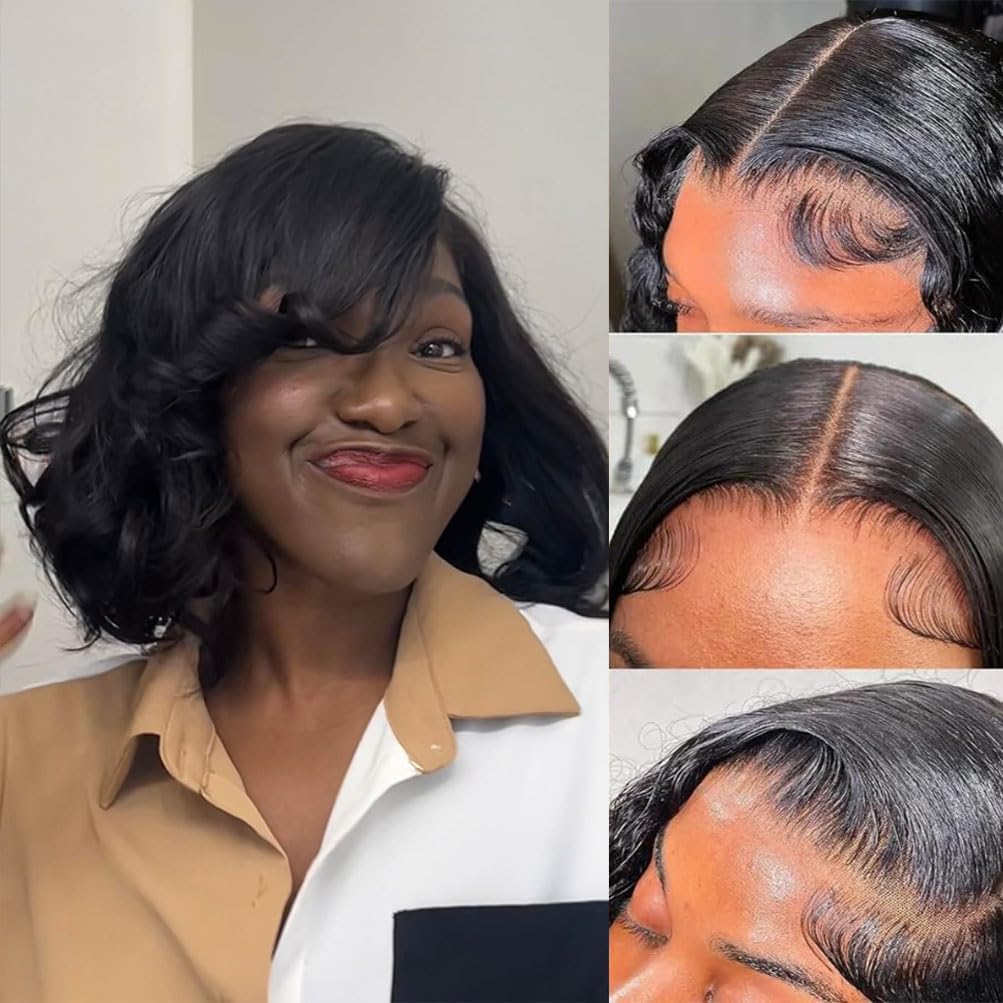 TimeBe Bob Wig Human Hair 13x6 HD Lace Front Wigs Human Hair 200 Density Body Wave Lace Frontal Wigs Glueless Wigs Human Hair Pre Plucked Short Bob Wigs for Women 14 Inch Water Body Wavy Bob Wig