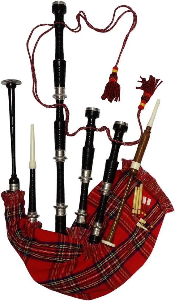 Scottish Full Size Bagpipe Silver Plain Mounts Black Finish Highland Bagpipes with accessories (Black, Royal Stewart)