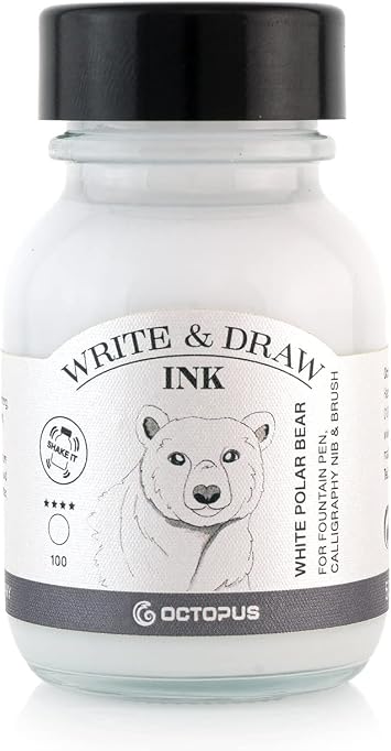 Octopus Writing Drawing Ink 100 White Polar Bear Waterproof Ink for Writing and Drawing Calligraphy Ink Fadeless Drawing Ink for Fountain Pen White 50ml