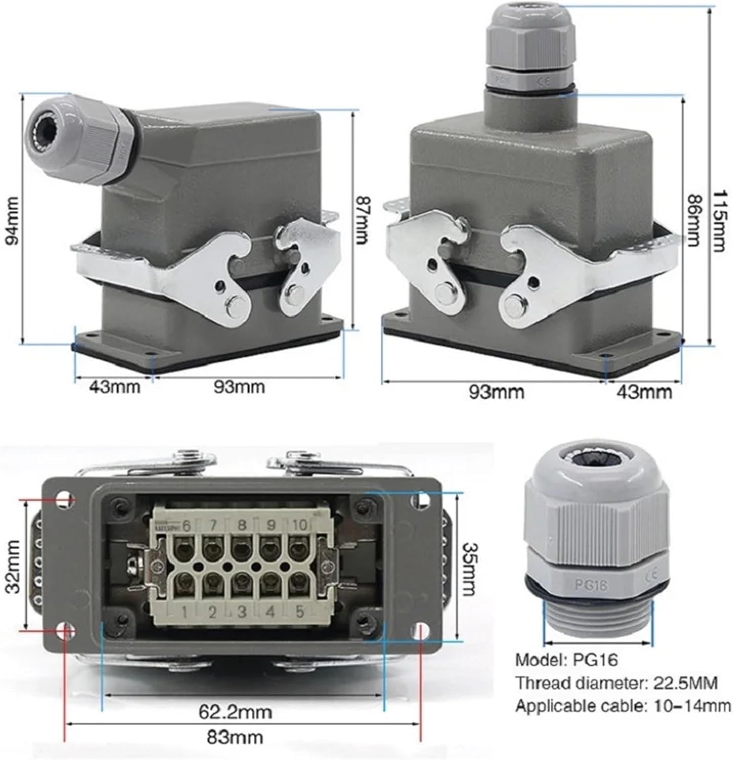 Rectangular Heavy Duty Connector HDC-HE-10 Aviation Industry Waterproof Sand Proof Socket Electric Connector 500V 16A(Top Connection)