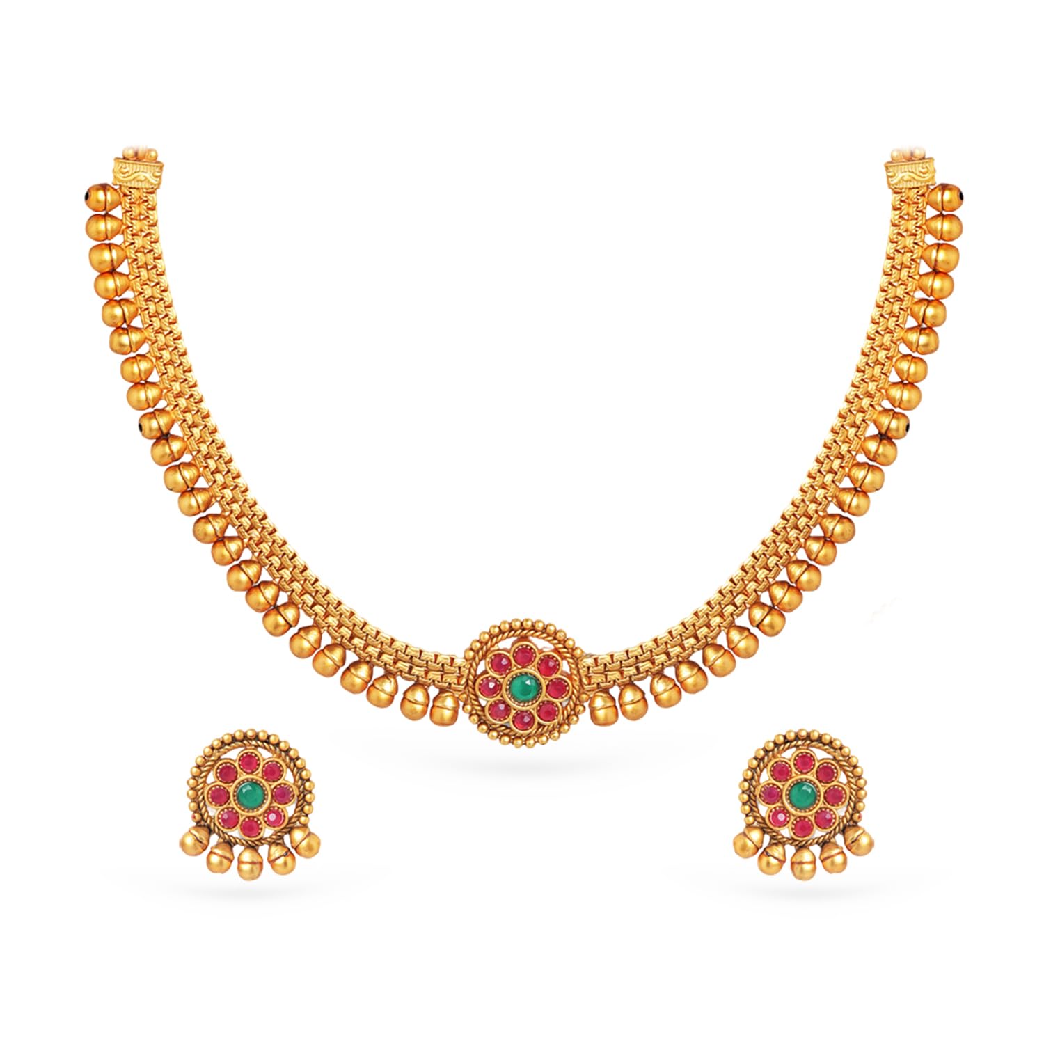 rubans 24K Gold-Plated Handcrafted Artificial Jewelry Set with Ruby, Emerald Studs & Gold Beads with Earrings For Women and Girls – Perfect for Weddings and Special Occasions-picture-15
