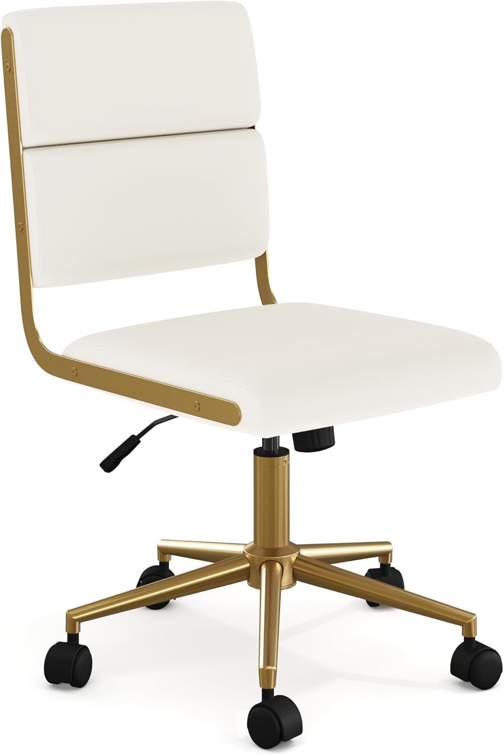 Martha Stewart Lulu Swivel Task Chair with Height Adjustable Seat for Home Office in Off White Faux Leather with Polished Brass Frame