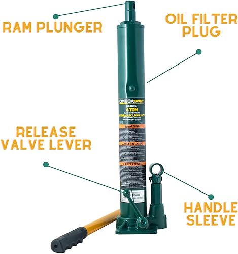 Miniatura 2 de Omega Pro Gato hidráulico largo Ram - Capacidad de 4 toneladas con base plana para taller de garaje automático, verde (OP400S)