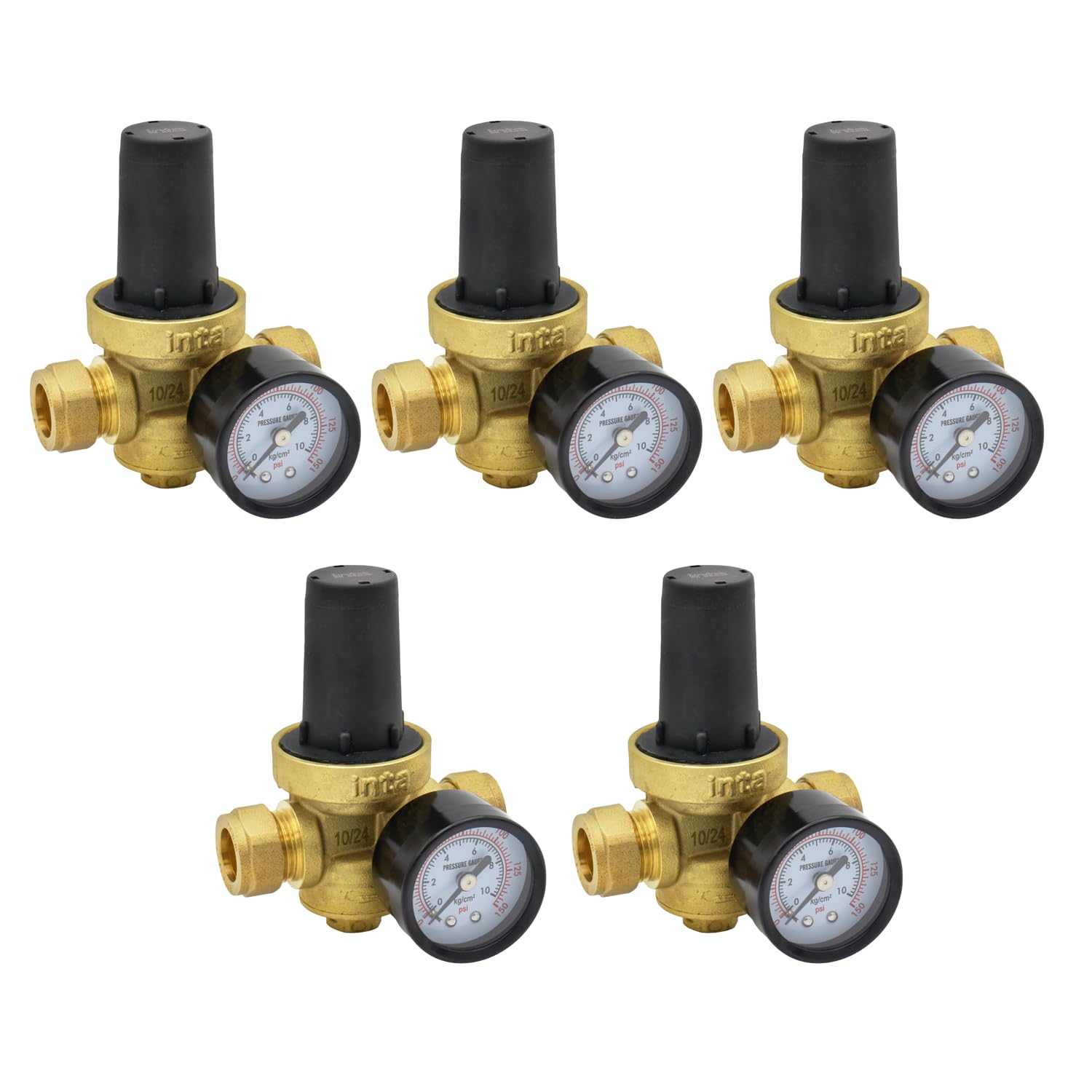5 x Inta PRVG15 Pressure Reducing Valve with Gauge, 15mm Brass, Water Pressure Control (Five Pack)