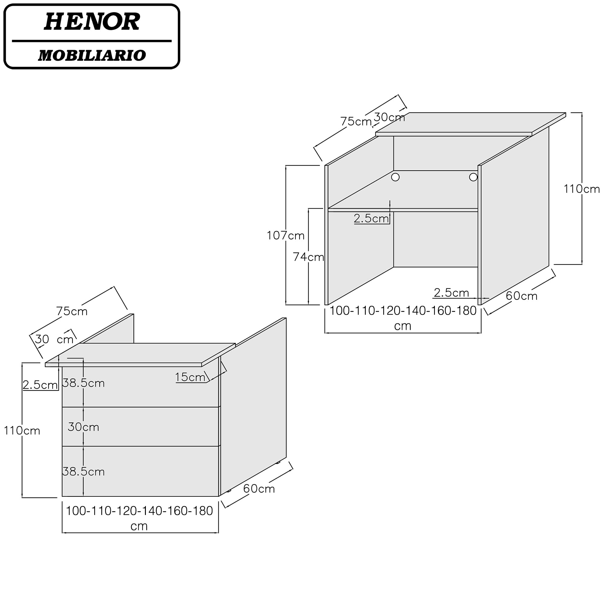 Henor Bancone Reception Ebro. 110 x 60/75 x 110 cm. Legno Con tavolo interno. Ideale per ufficio, reception, attenzione, commercio. Bianco Opaco