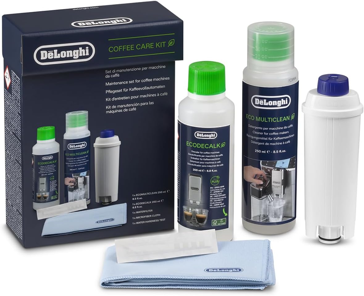 De’Longhi Coffee Care Kit DLSC306, Maintenance Set for Coffee Makers with Water Filter, EcoDecalk Descaler, Eco MultiClean, Microfibre Cloth, Water Hardness Test, Coffee Machine Maintenance Accessory De’Longhi Coffee Care Kit DLSC306, Maintenance Set for Coffee Makers with Water Filter, EcoDecalk Descaler, Eco MultiClean, Microfibre Cloth, Water Hardness Test, Coffee Machine Maintenance Accessory