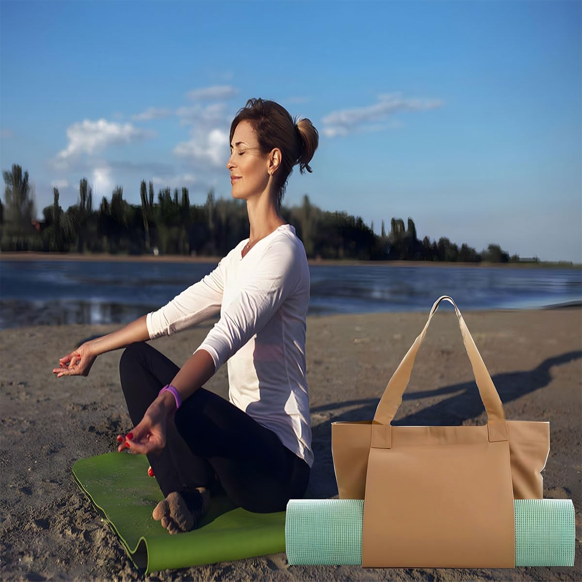 Women Yoga Mat Bags Large Tote Bag Portable Carryall Canvas Tote Beige Canvas Bags with Yoga Mat Carrier for Pilates Shoulder Travel Office Beach Workout - Image 3